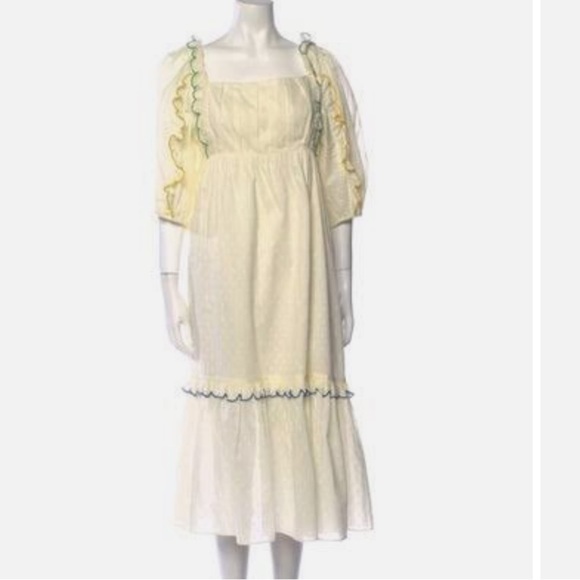 ✅Farm RIO Off-White Textured Puff Sleeve Midi Dress NWT S pleated front ruffle - Picture 2 of 10